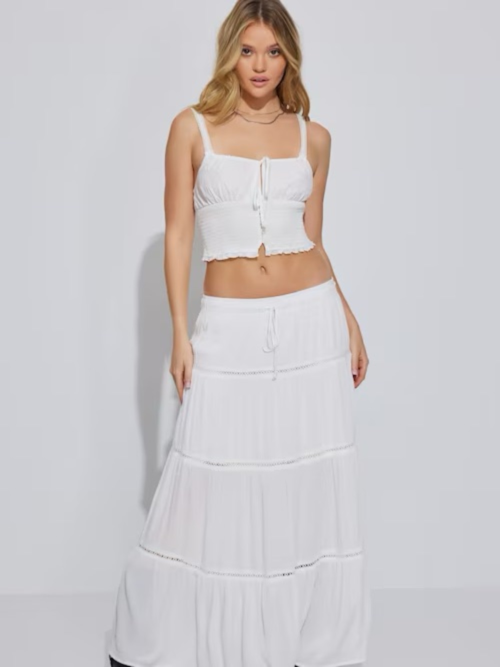 Garage White Tiered Maxi Skirt with Drawstring Waist